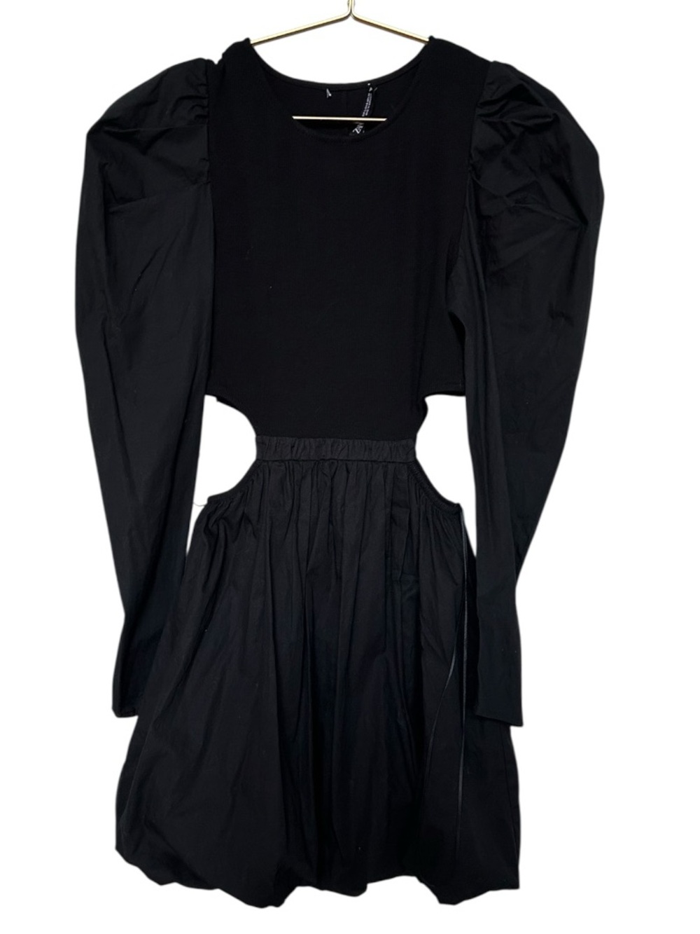 Zara Black Puff-Sleeve Mini Dress with Waist Cutouts NWT - Picture 2 of 12